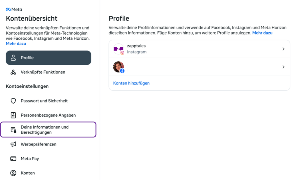 Instagram Meta Account Center Download Schritt 1 Meta Account Center aufrufen und Profil wählen