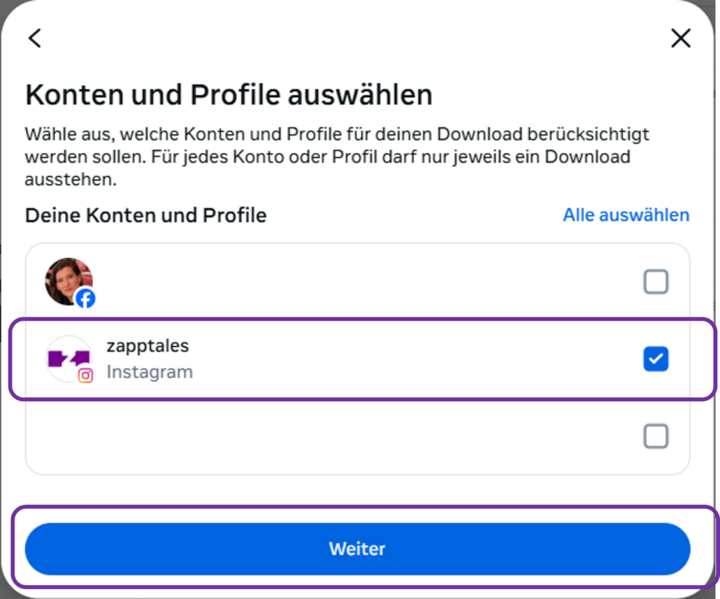 Instagram Meta Account Center Download Schritt 3 Wähle dein Instagram Profil aus
