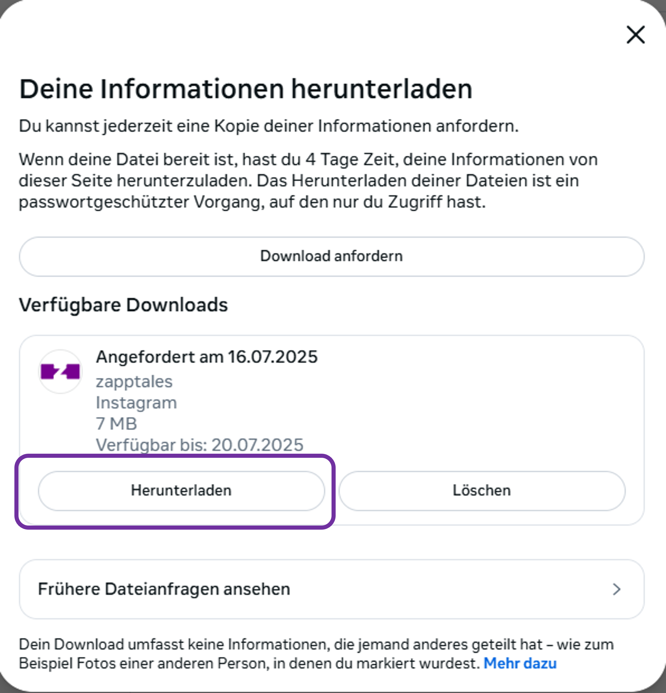 Instagram Meta Account Center Download Schritt 8 Instagram Daten herunterladen