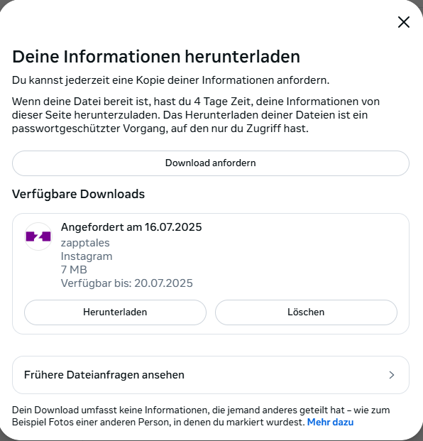 Instagram Meta Account Center Schritt 7 Instagram Download Anfrage gesendet