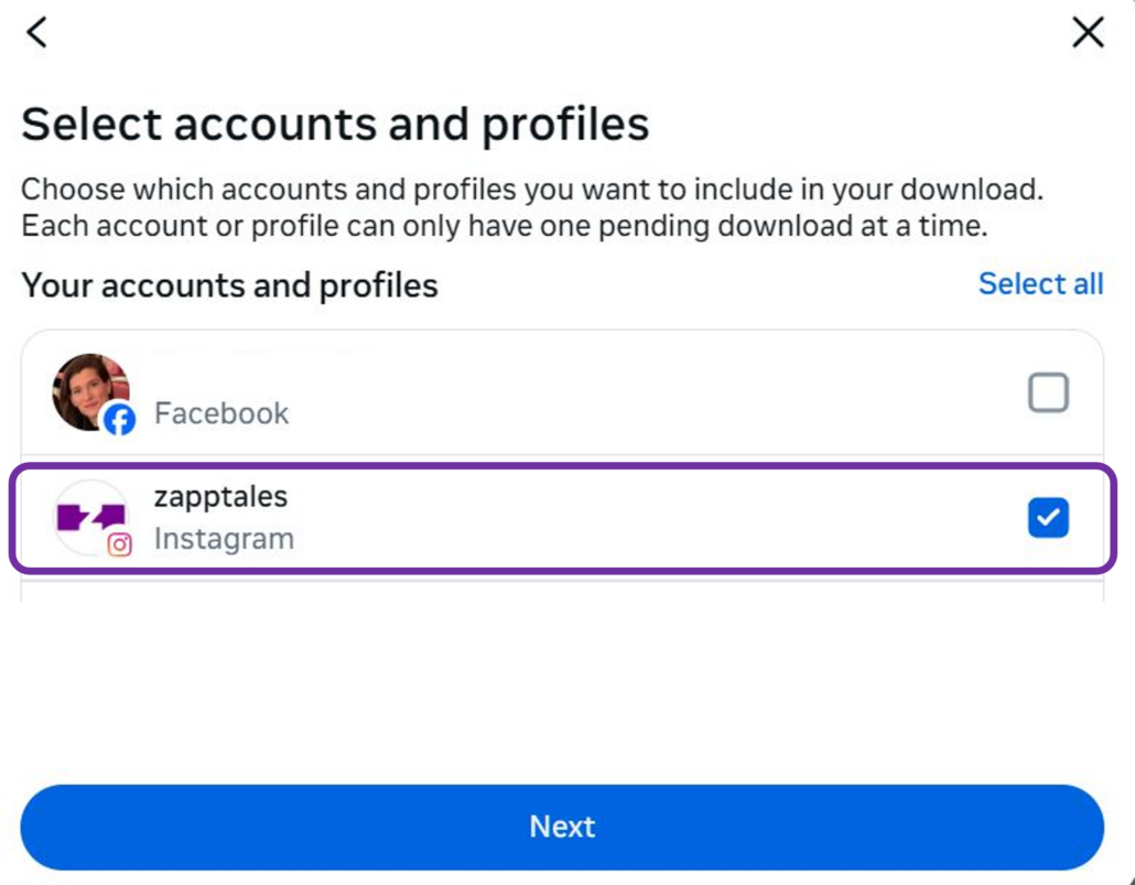 Instagram_Account_Center_Download_EN_4 Select Instagram profile and continue